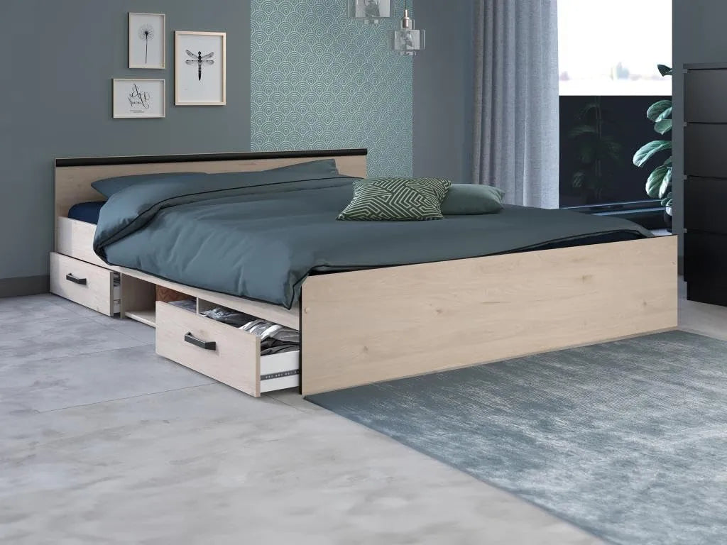 Lit Double avec Rangements Parisot Zodiac - 160x200 cm - Finition Chêne et Noir