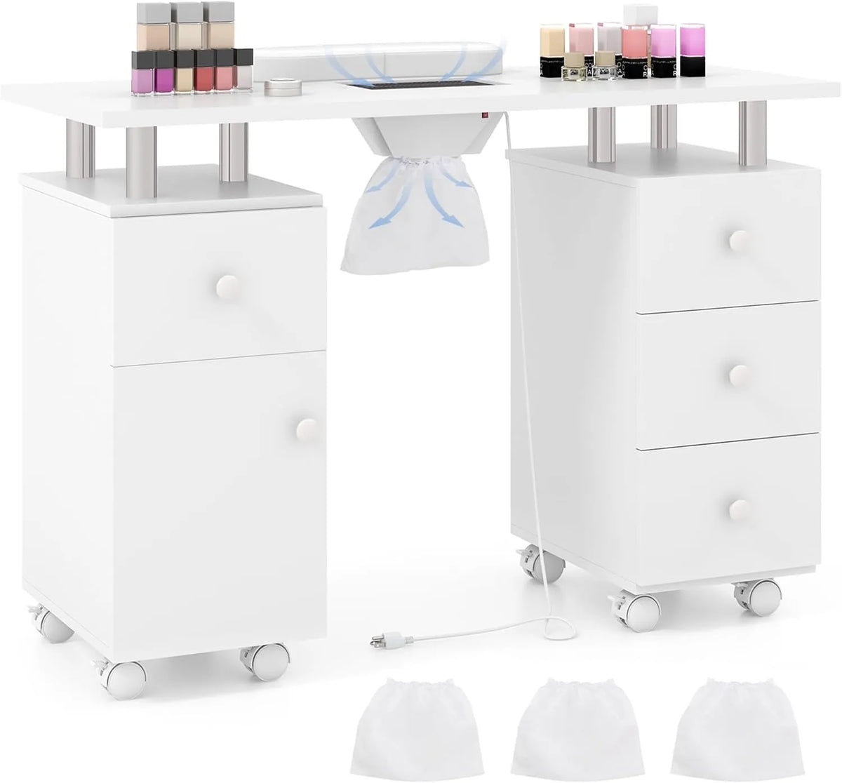 Table de Manucure Professionnelle avec Aspirateur et Rangements, Mobilier pour Salon d'Onglerie (Blanc)