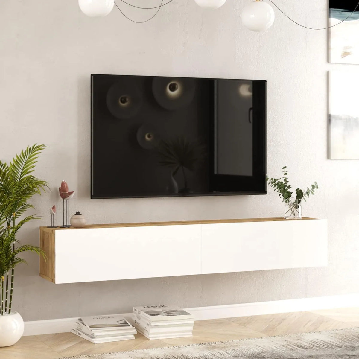 Meuble TV Mural avec Rangement, Étagère Flottante en Chêne Blanc 30x180x32 cm