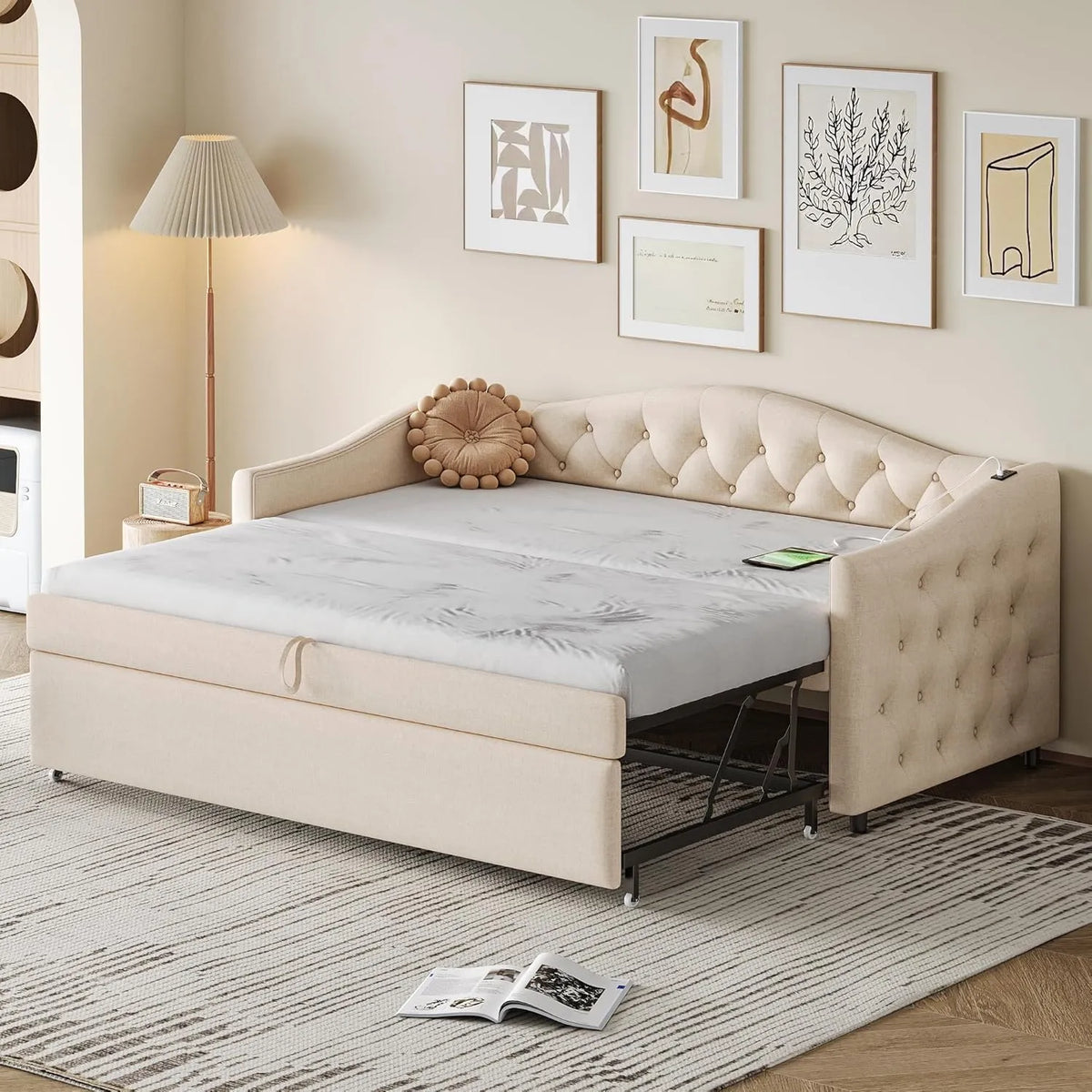 Canapé-lit Convertible 90 x 200 cm avec Port USB - Sofa 2 Places en Lin Beige sans Matelas