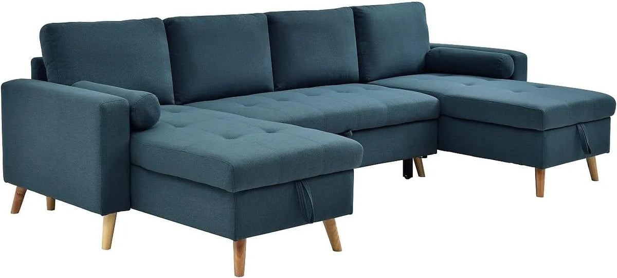 Canapé d'angle panoramique convertible en tissu turquoise - KORI