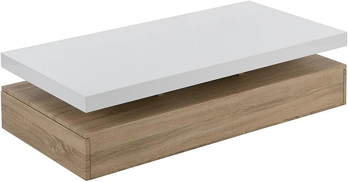 Table basse design Felix avec 2 tiroirs en MDF, naturel et blanc