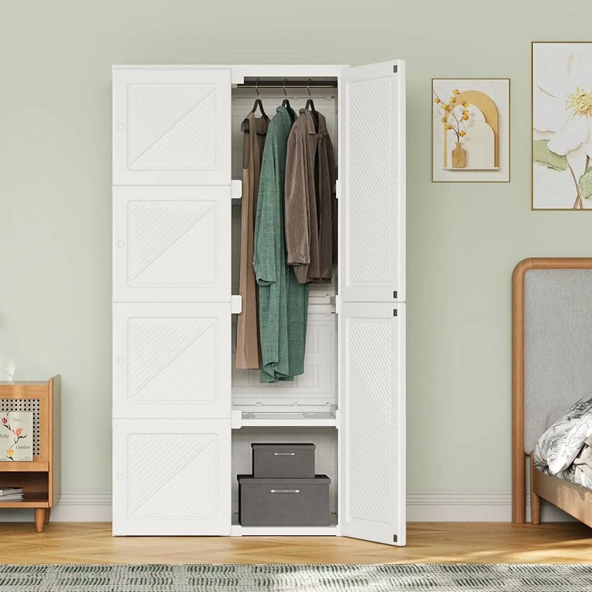 Garde-robe Multifonctionnelle 6 Portes avec Étagères et Barre de Suspension – Blanc, 136x50x69cm