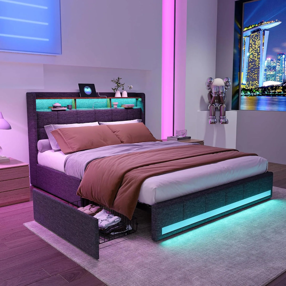 Lit Double 160x200 cm avec Rangement et Lumières LED RGB, Tissu Lin Gris, Ports USB-C, Étagère et Grands Tiroirs