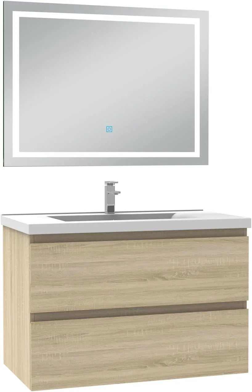 Ensemble de Meubles de Salle de Bain 80 cm, Vasque Simple, Miroir LED 3 Couleurs, Bois de Chêne Wotan
