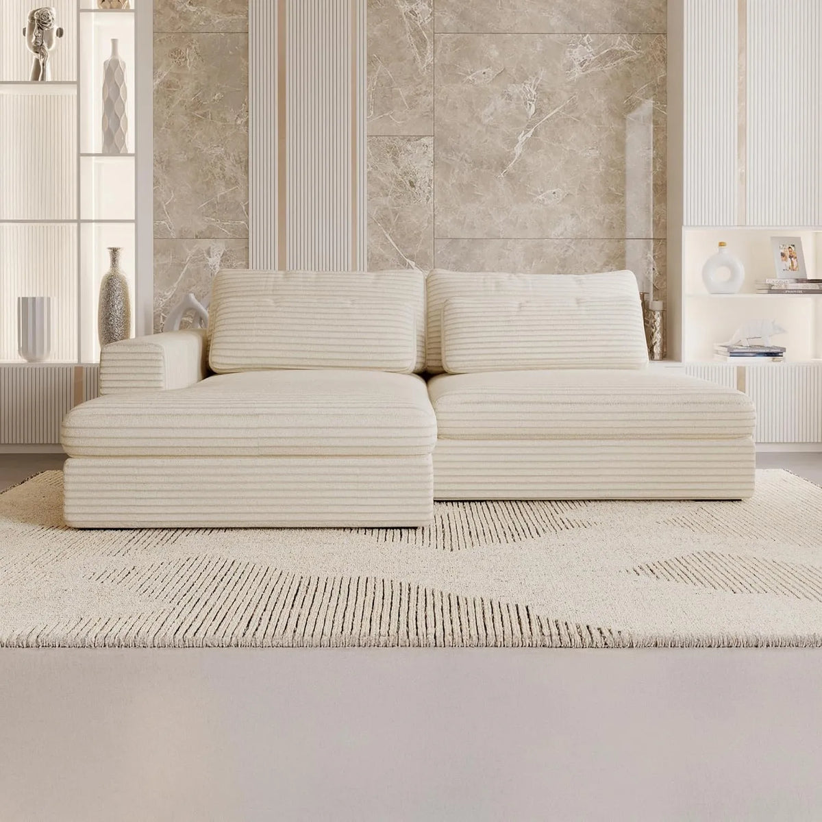 Canapé d'Angle Convertible en Velours Beige avec Coffre - Modèle Ayda, Angle Gauche