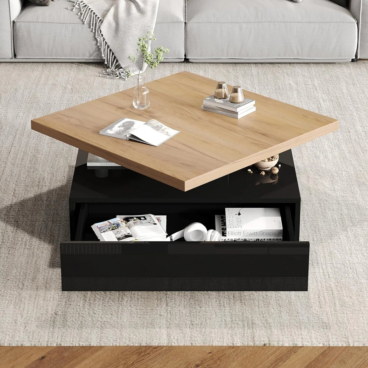 Table Basse Carrée Pivotante à 360° Multifonction, Meuble de Rangement et Plateau Brillant, Table de Salon en Bois Naturel et Noir