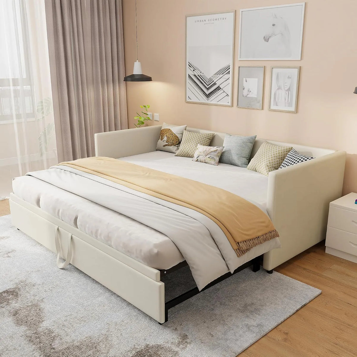 Canapé-lit 2 places avec Ports USB et Éclairage LED Ajustable, Convertible en Lit 90/180 x 200 cm, Coffre Intégré et Sommier à Lattes, Velours Beige