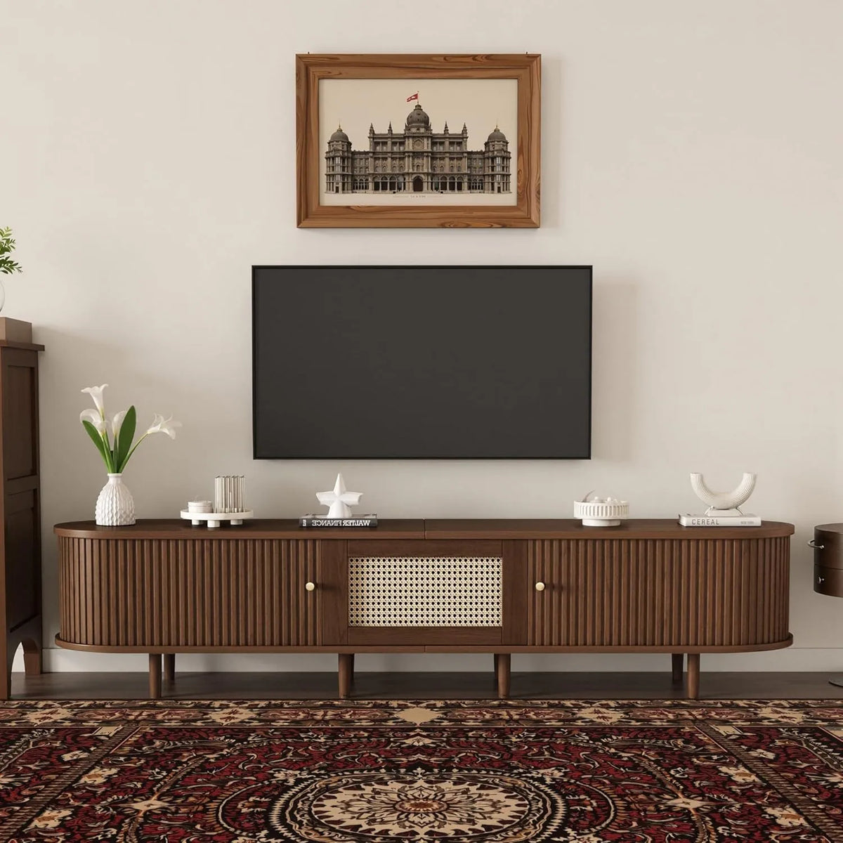 Buffet TV en Rotin avec Finition Noyer et Pieds Réglables - 180 cm, Charge Max 30 kg
