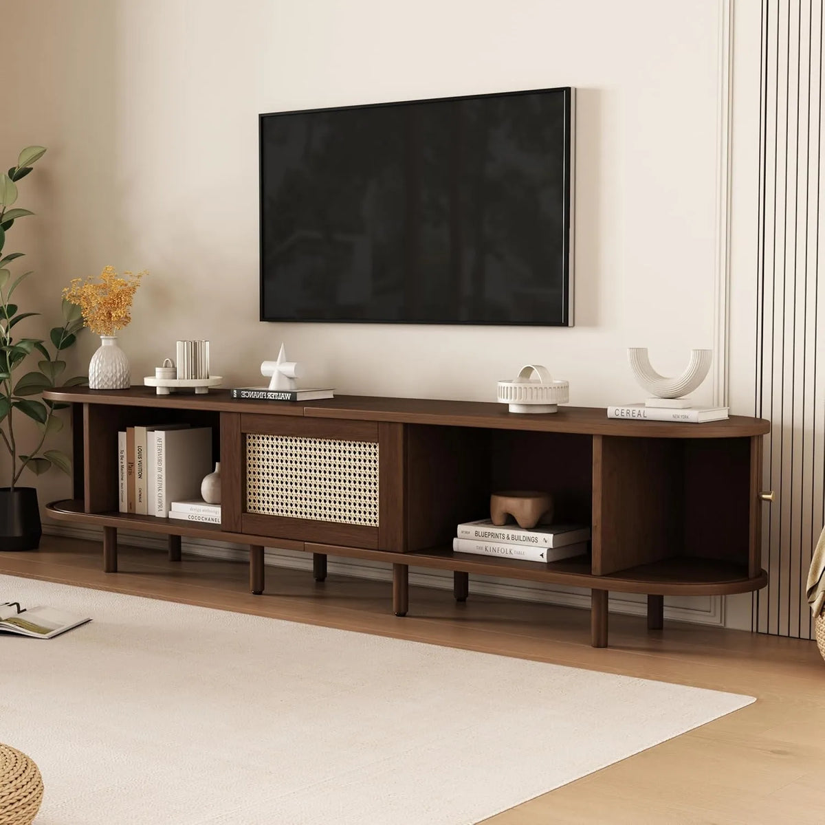 Meuble TV en Noyer avec Portes Coulissantes et Tiroir, Détails Rotin, 180x40x40 cm