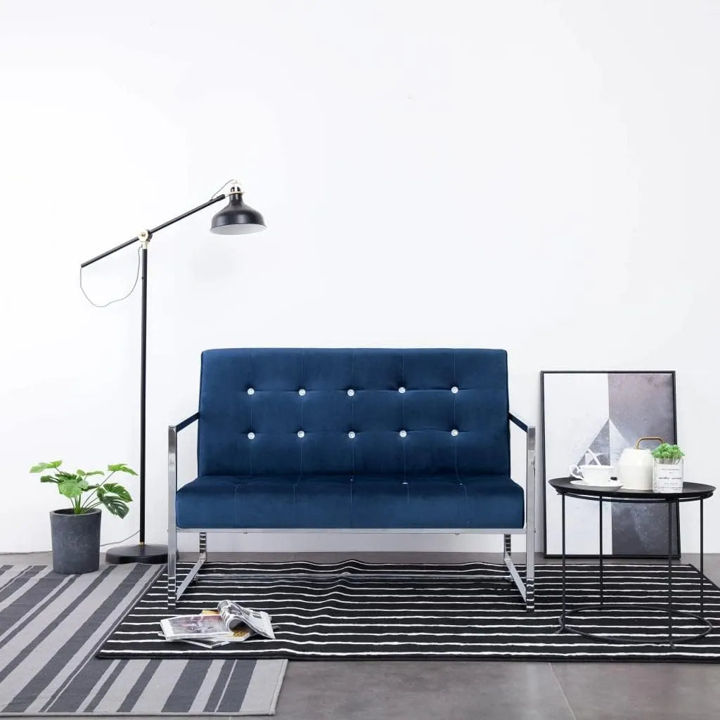 Canapé 2 Places en Velours Bleu avec Accoudoirs - Pieds Chromés - Design Moderne - Structure en Bois Robuste - Confort Optimal
