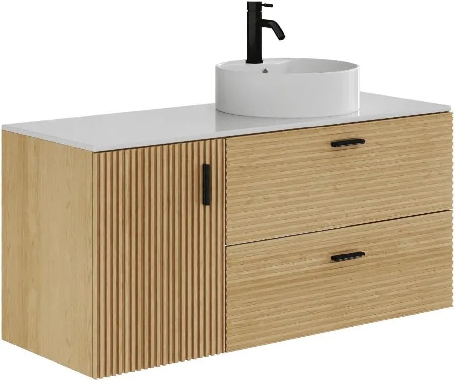 Ensemble de meubles de salle de bain suspendu avec vasque ronde - 1 porte, 2 tiroirs - Finition bois clair - 120 cm