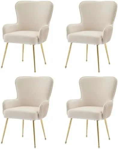 Lot de 4 chaises en velours beige avec accoudoirs, pieds dorés réglables, confort optimal