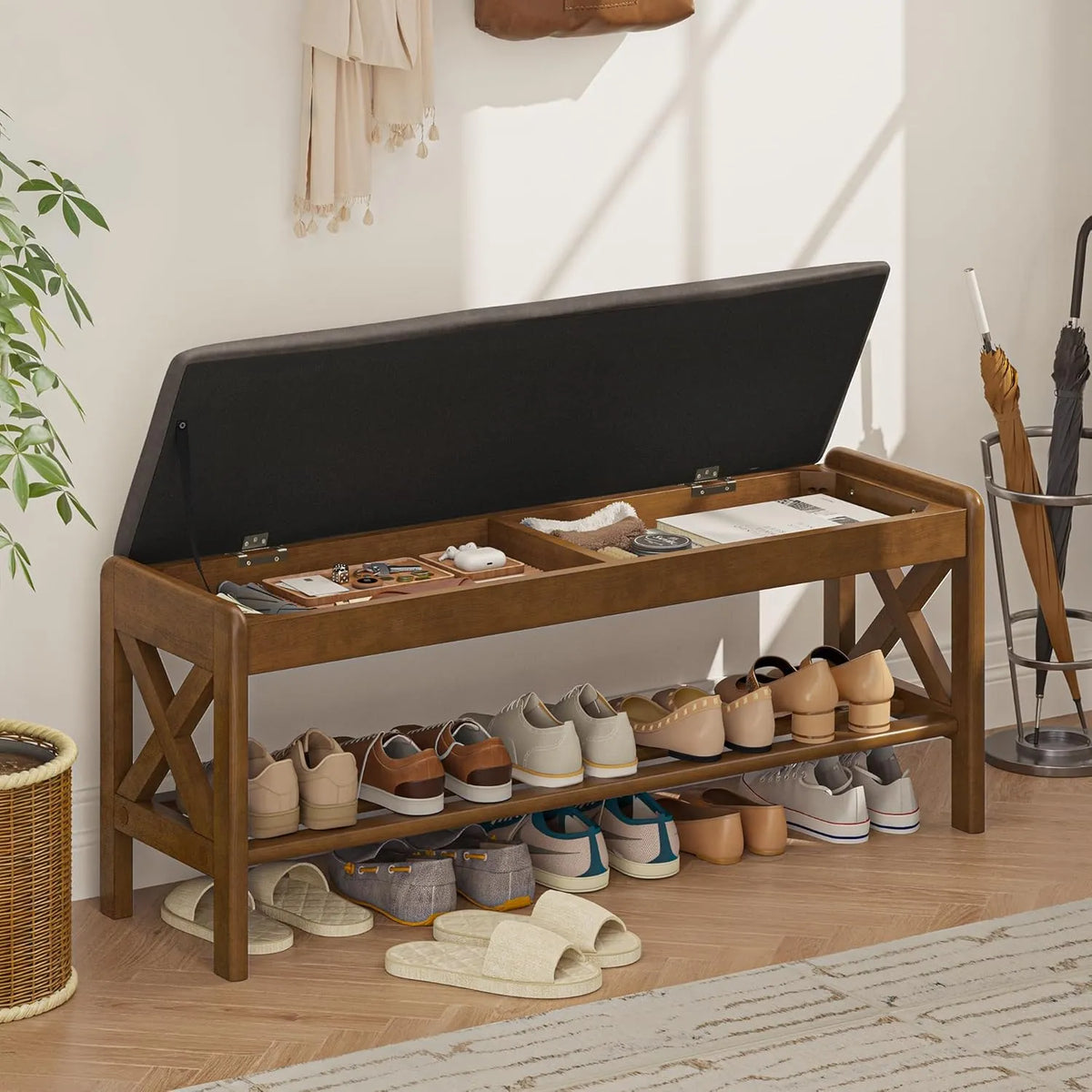 Banc à Chaussures 110 cm avec Siège en Simili Cuir Remplis, Rangement en Bois pour Entrée et Couloir, Marron Rustique