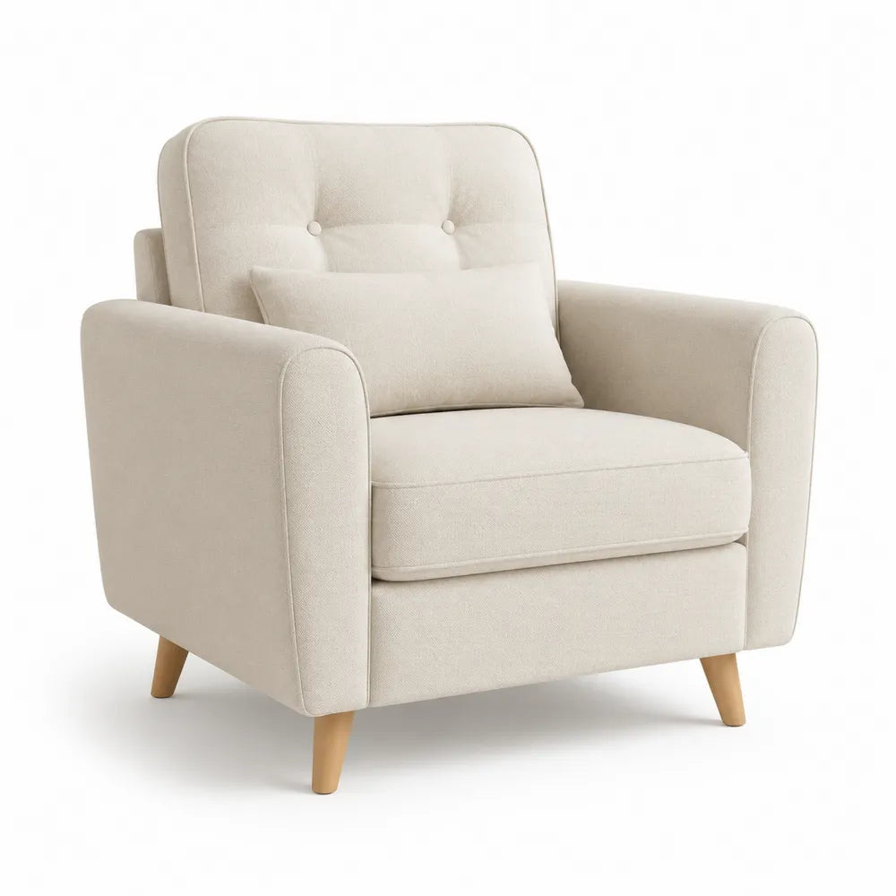 fauteuil 1 place 86 cm x 82 cm x 88 cm tissu polyester beige dossier capitonné pieds bois massif hêtre