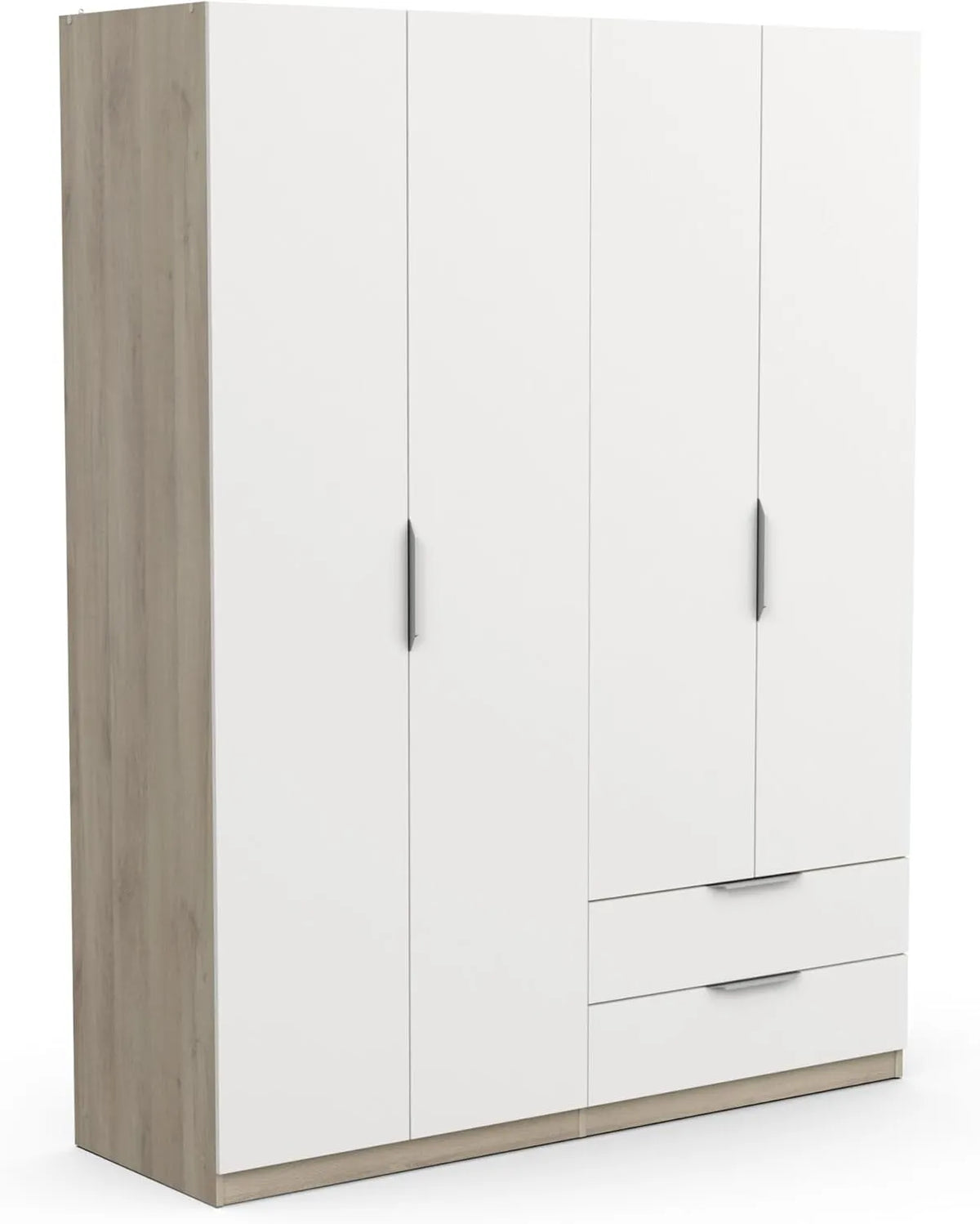 Armoire Moderne 4 Portes avec Penderie et Tiroirs, Chêne Kronberg et Blanc Mat