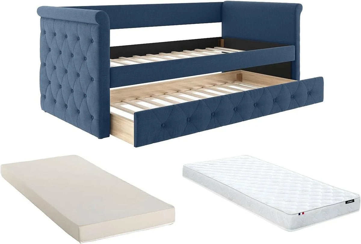 Lit Banquette Gigogne Louise 2x90x190cm en Tissu Bleu avec Matelas pour Enfants