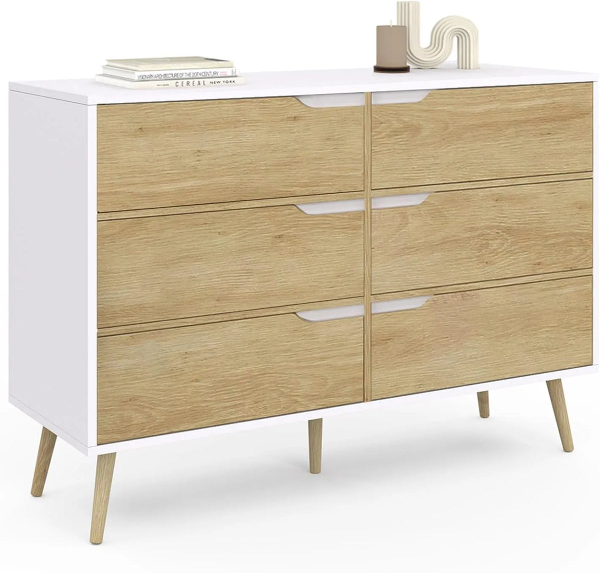 IDMarket - Commode Scandinave 6 Tiroirs 115 cm Blanc et Effet Hêtre Helsinki