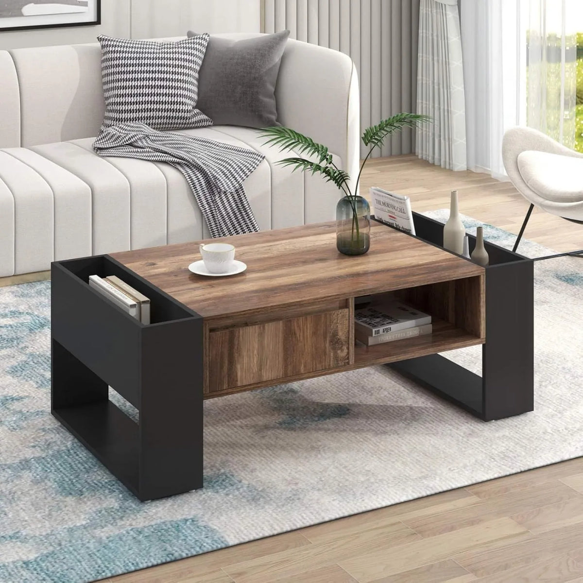 Table basse en bois avec rangement et tiroirs, table d'appoint pour salon et chambre