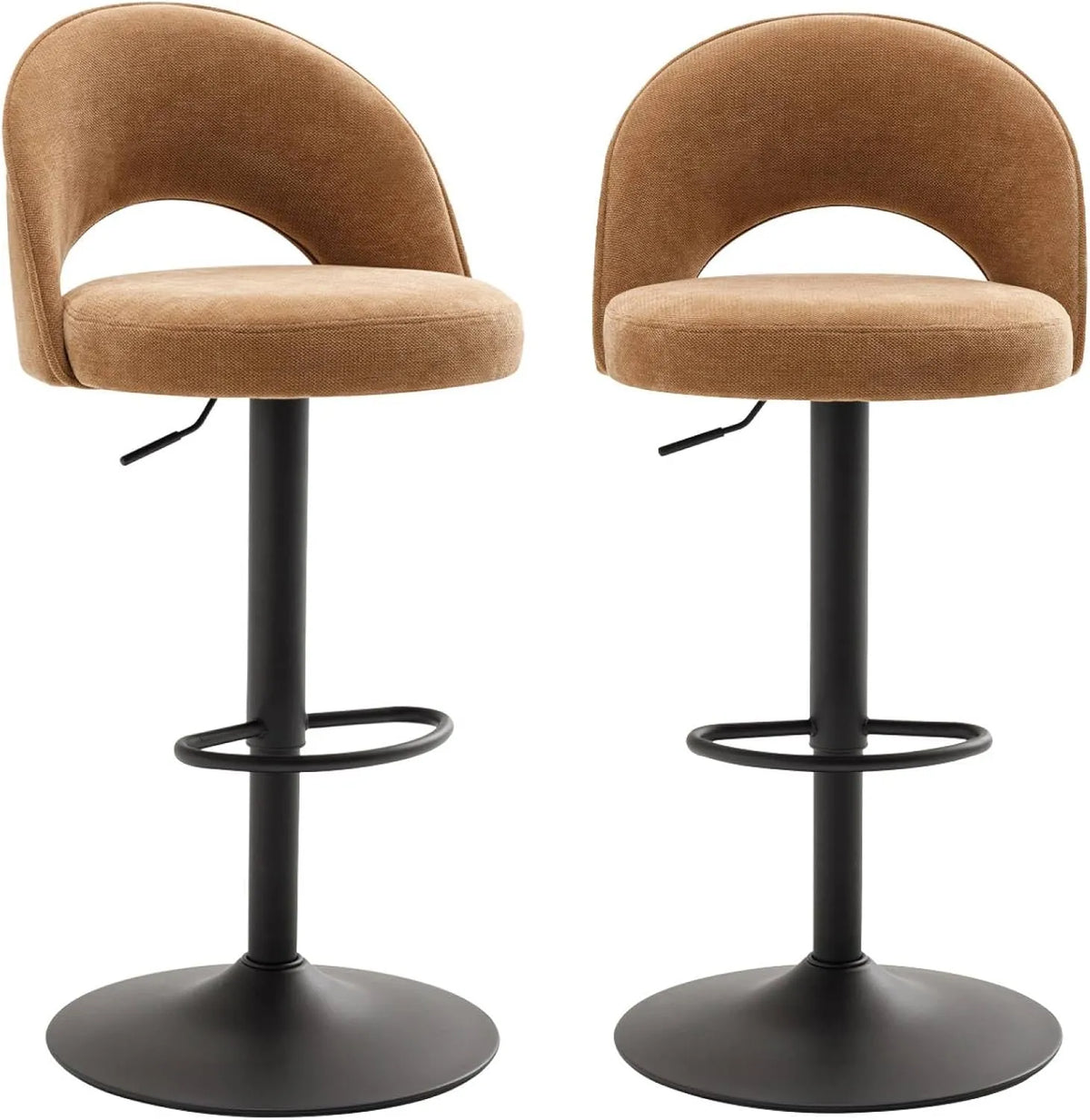 Tabourets de Bar Réglables en Métal et Tissu Camel, Lot de 2 - Pied Noir - Dimensions L 49 x P 49 x H 88.5-110 cm - Modèle Abby