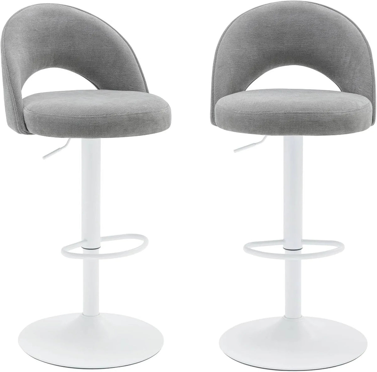 Sweeek - Ensemble de 2 Tabourets de Bar Réglables en Métal et Tissu Gris Clair, Pieds Blancs - Abby