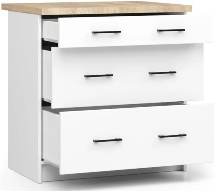 Armoire de Cuisine Moderne OLIWIA S80 - Meuble Buffet en Panneau Stratifié 16 mm - Résistant et Durable - Assemblage Facile - 3 Tiroirs - 80 cm - Blanc