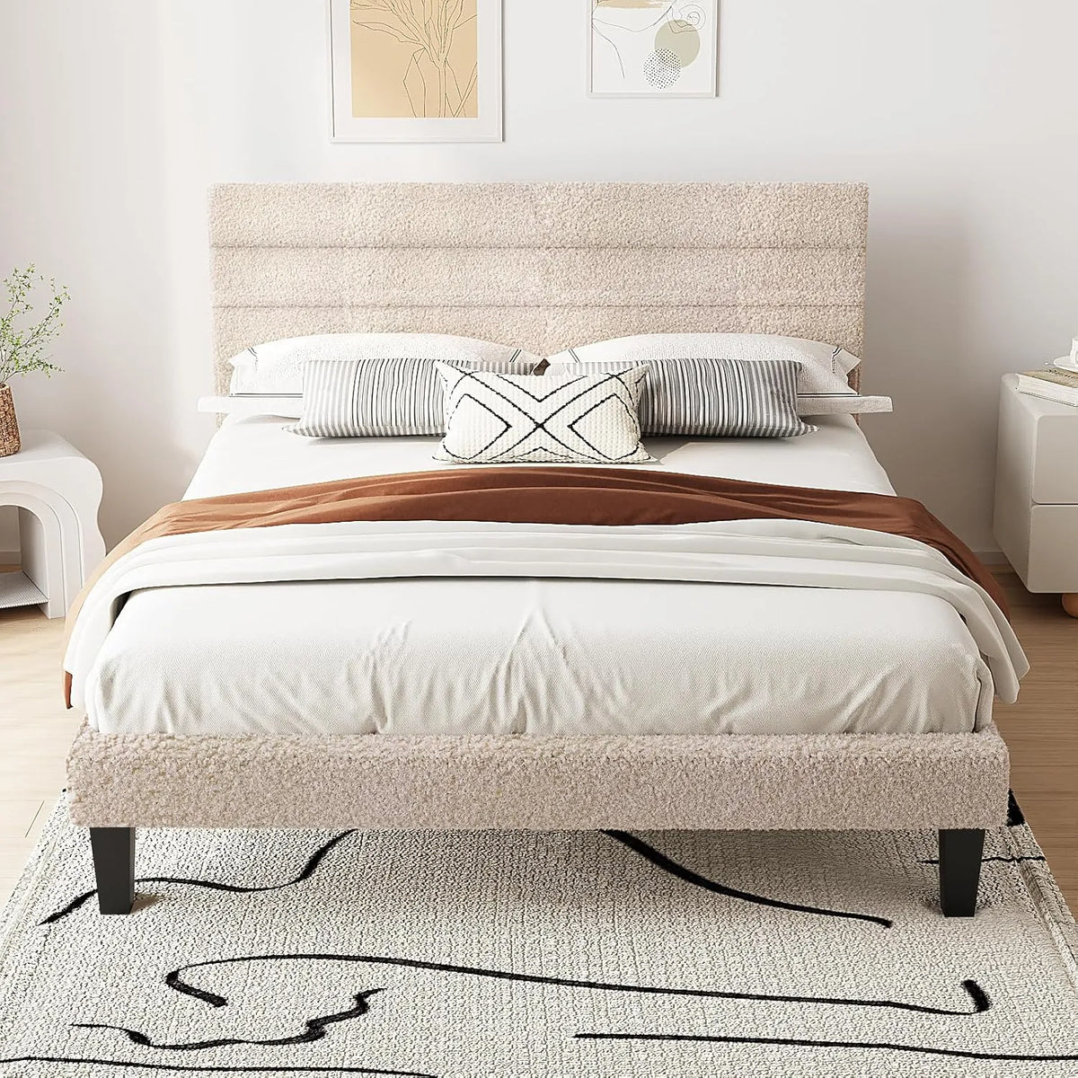 Lit Double 140x200 avec Sommier et Tête de Lit en Tissu Bouclé, Blanc Cassé