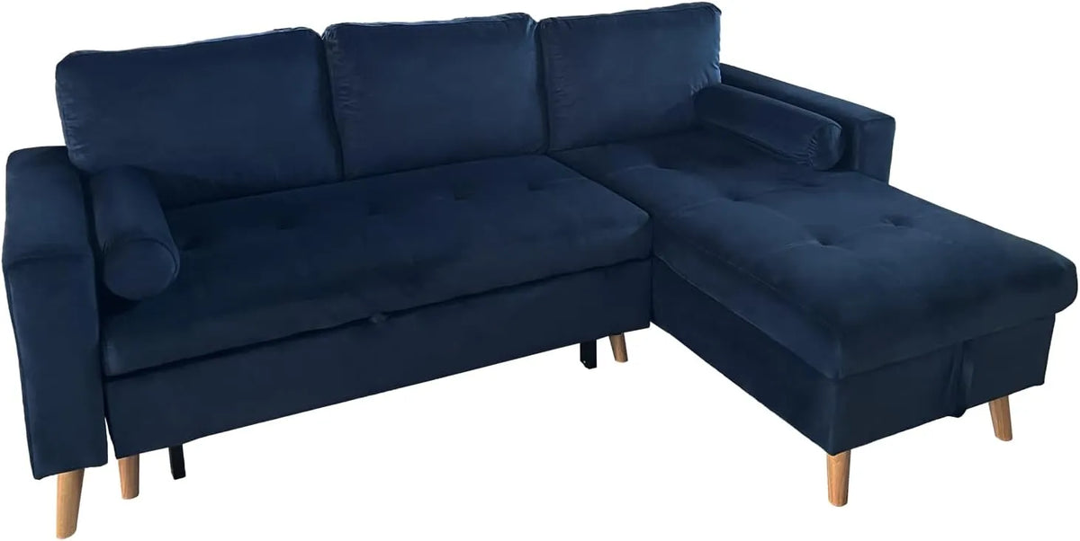 Canapé d'Angle Convertible 3 Places Velours Bleu avec Coffre et Méridienne Réversible