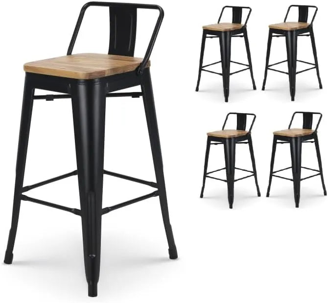 Ensemble de 4 tabourets de bar industriels en métal noir avec dossier et siège en bois - 66 cm