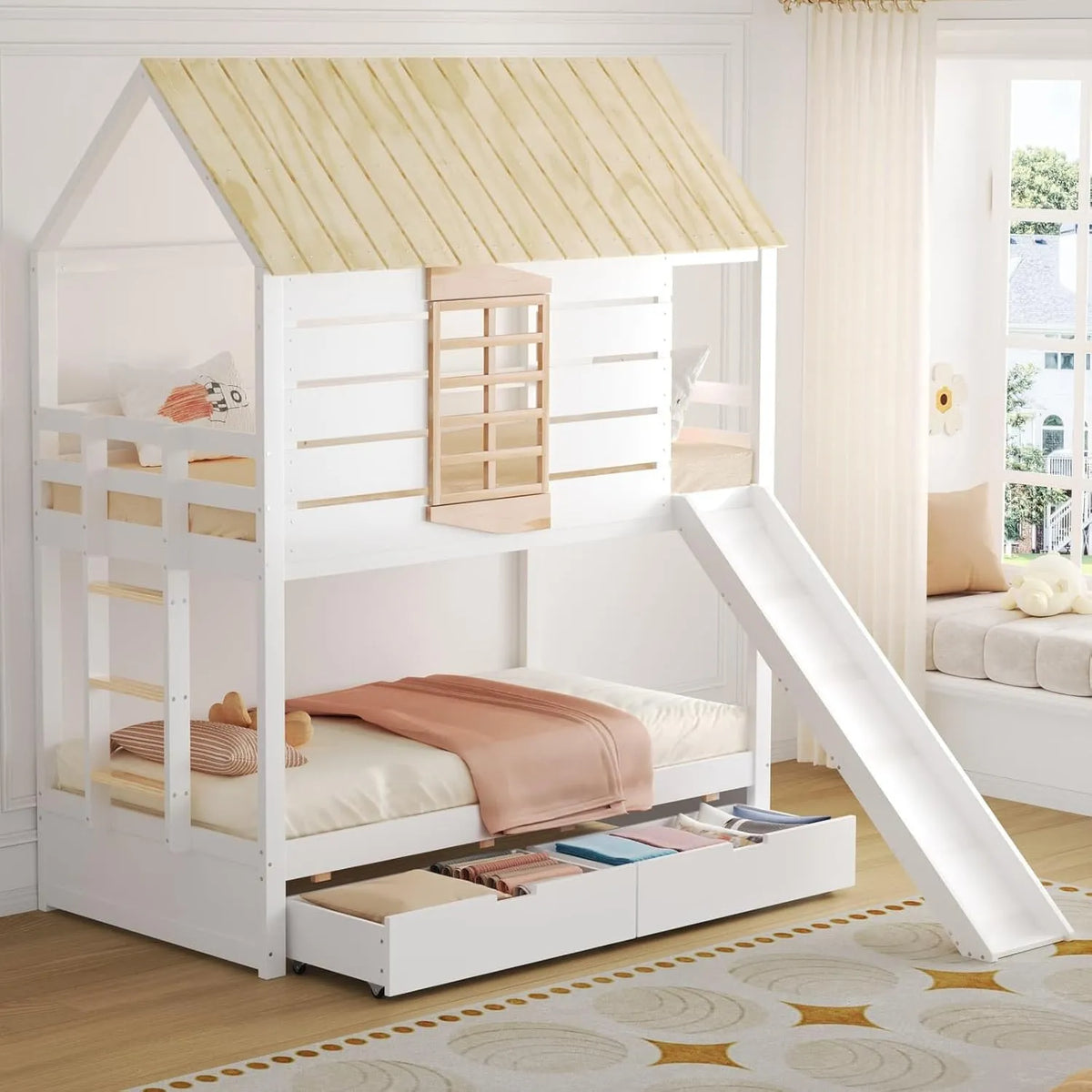 Lit Mezzanine Enfant avec Toboggan, Échelle et Tiroirs, Design Maison avec Fenêtre Décorative, 90x200cm
