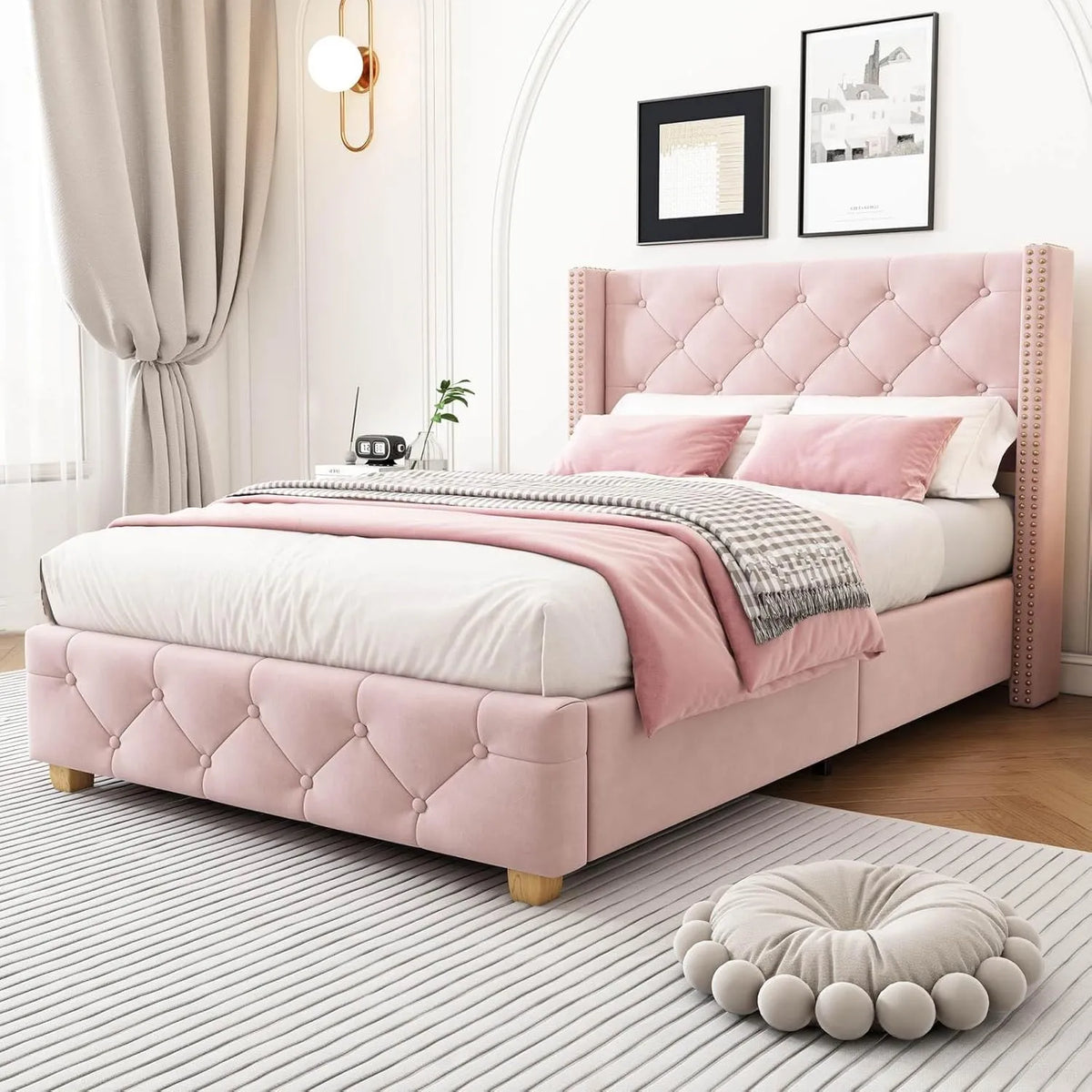 Lit Simple 90x200 Velours Rose avec Tête de Lit Capitonnée et Sommier à Lattes
