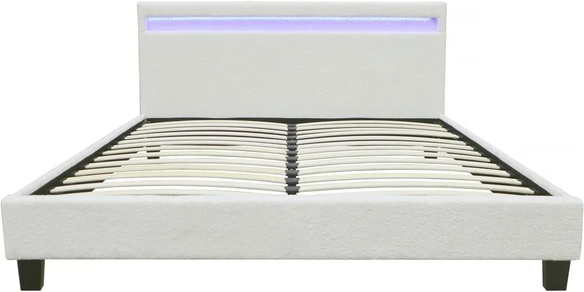 Lit en Tissu Bouclette avec LED 160x200 cm Maria - Crème