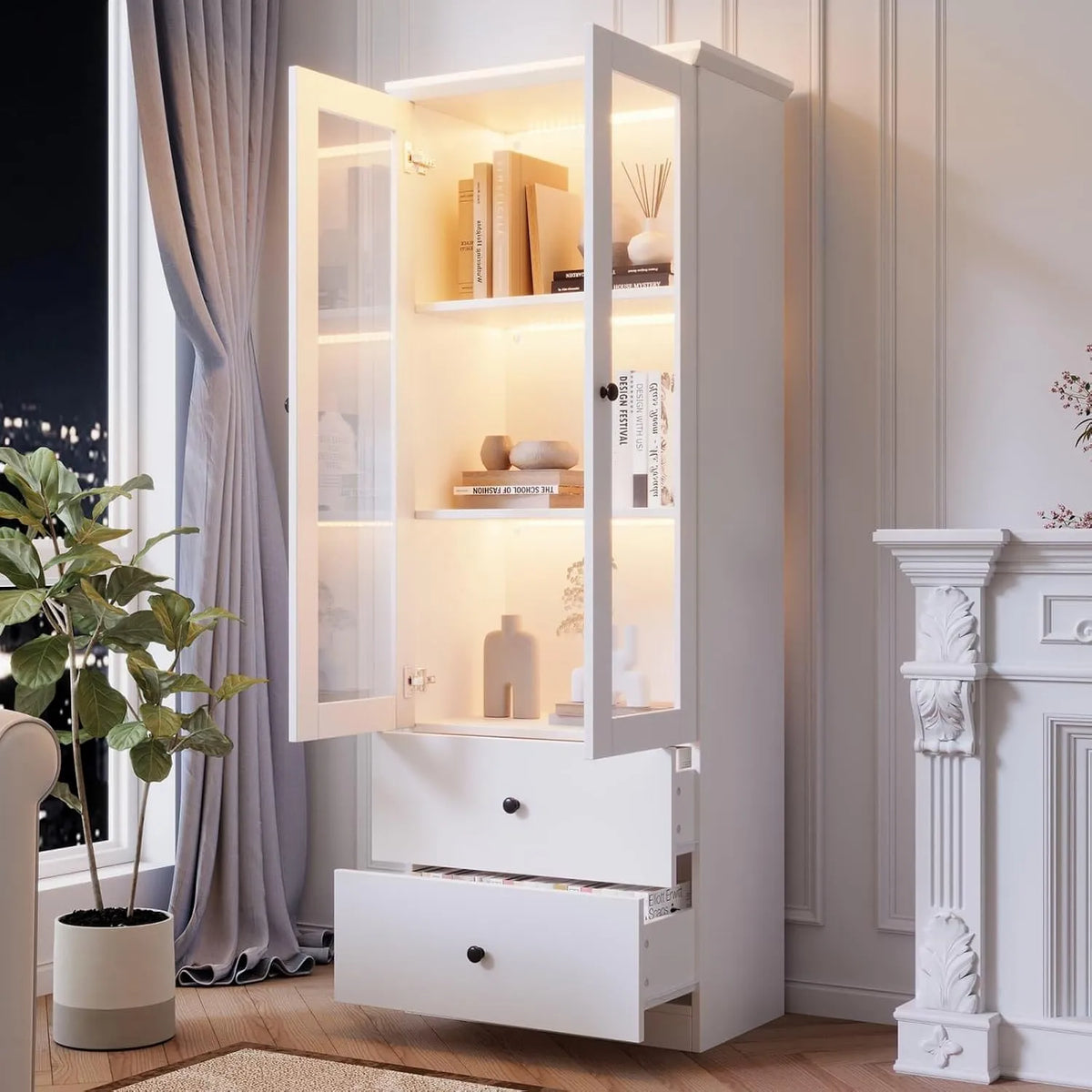 Armoire en Verre Blanche avec LED Multicolores, 2 Portes et 2 Tiroirs, Meuble de Salon Moderne, 60x36x165 cm