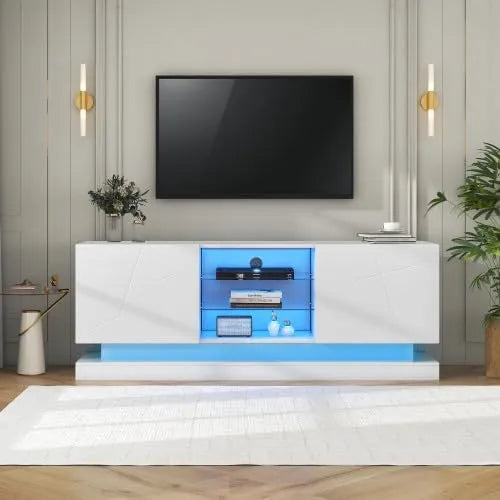 Meuble TV LED Moderne Blanc, Étagère Réglable en Verre, Rangement Élégant pour Salon, Dimensions 160x38,5x60cm