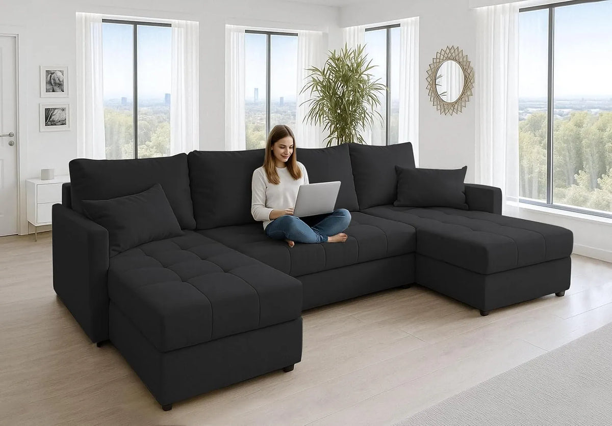 Canapé d'angle spacieux Dolceo 287 cm - Convertible en lit, couleur noire
