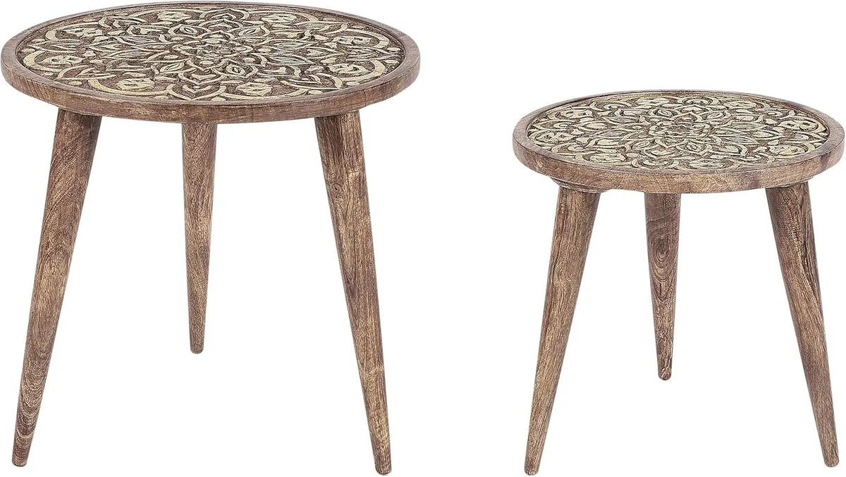 Set de 2 Tables Basses en Bois de Manguier avec Plateau Sculpté - Marron Foncé
