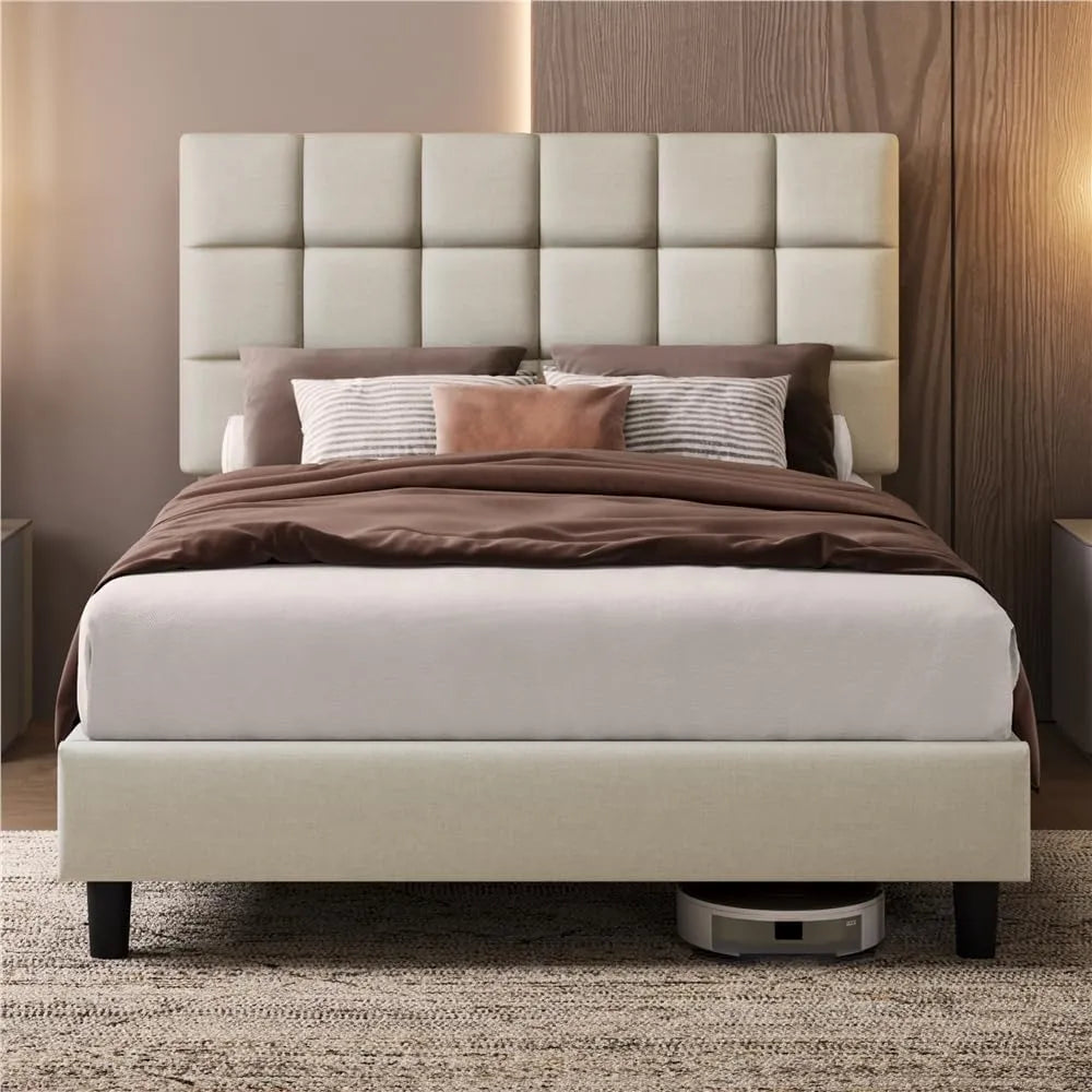 Lit Double Beige 140x200cm, Tête Réglable, Cadre Bois et Métal, Sommier Lattes