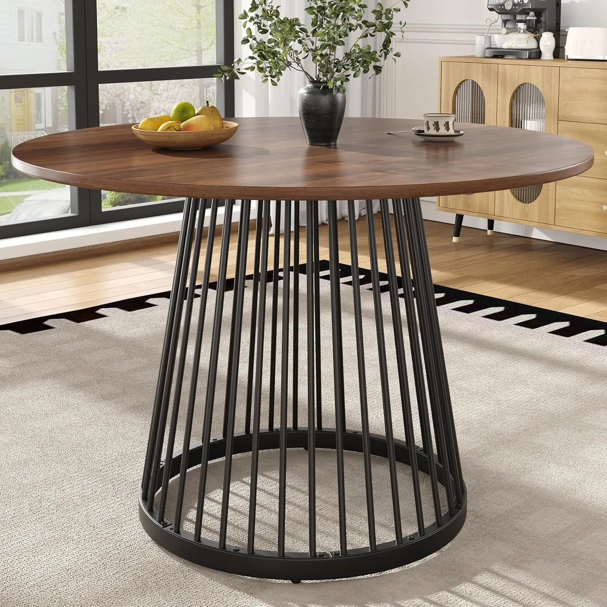 Table Ronde Design 80 cm en Noyer avec Pieds en Métal Noir pour 4 Personnes