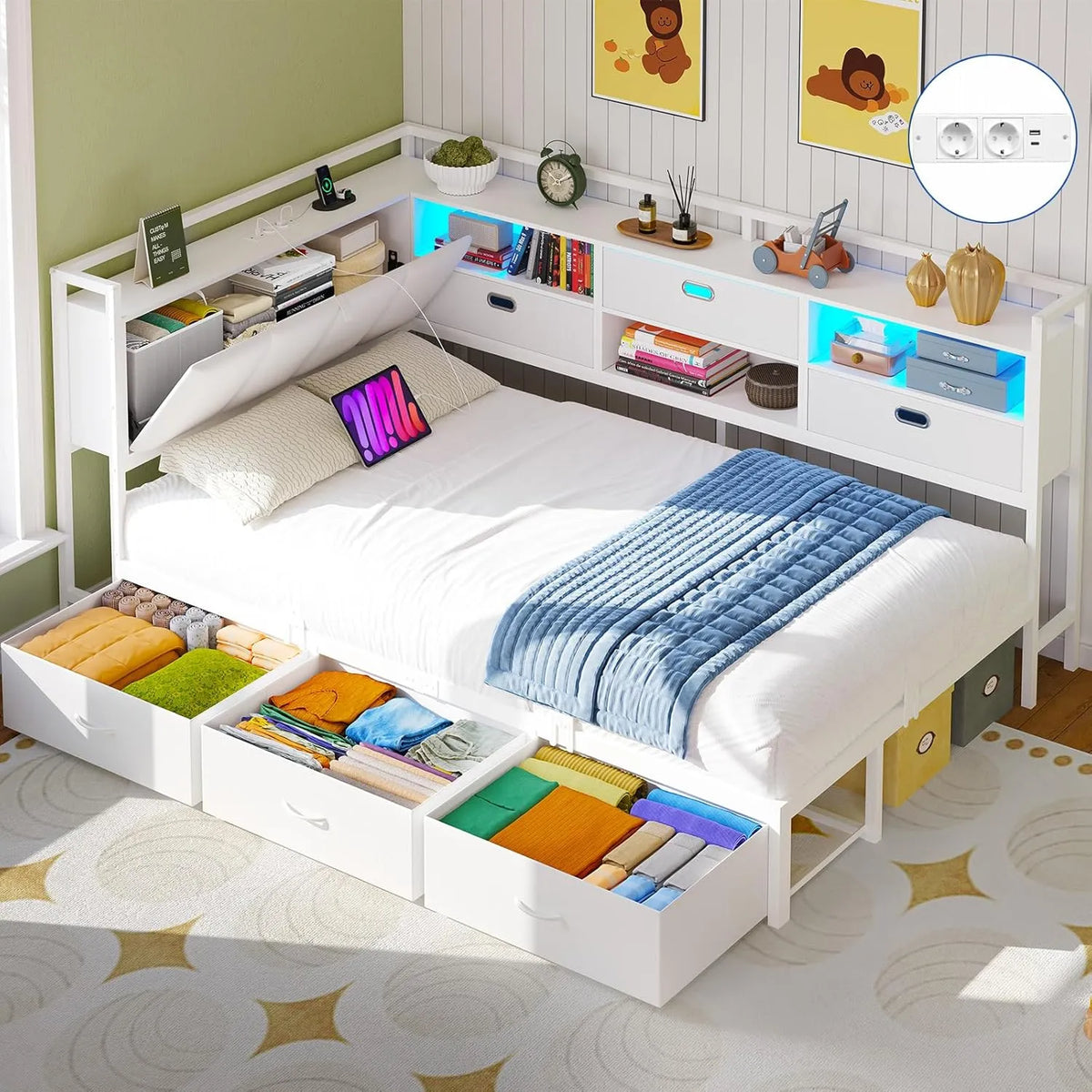 Lit Banquette Enfant 90x190 cm avec Tiroirs, Éclairage LED et Ports USB, Blanc