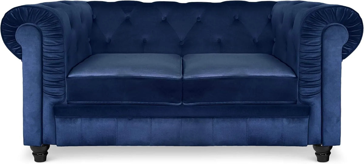 Canapé Chesterfield 2 Places en Velours Bleu - Menzzo Grand