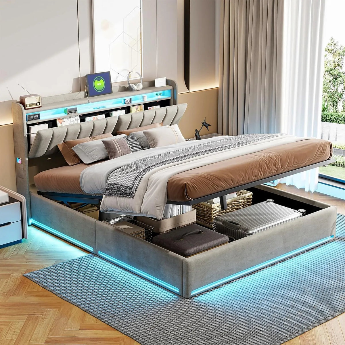 Lit Coffre Gris Velours 140x190cm avec USB et LED, Tête de Lit avec Étagères et Rangement Caché, Lit Double Rembourré pour Adultes et Adolescents