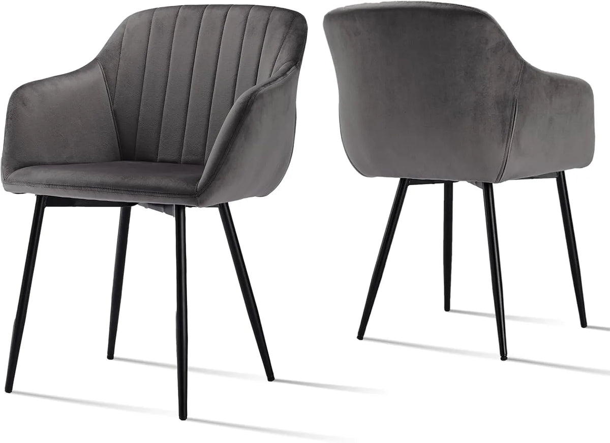 Lot de 2 Chaises de Salle à Manger en Velours Gris avec Accoudoirs et Pieds Métalliques