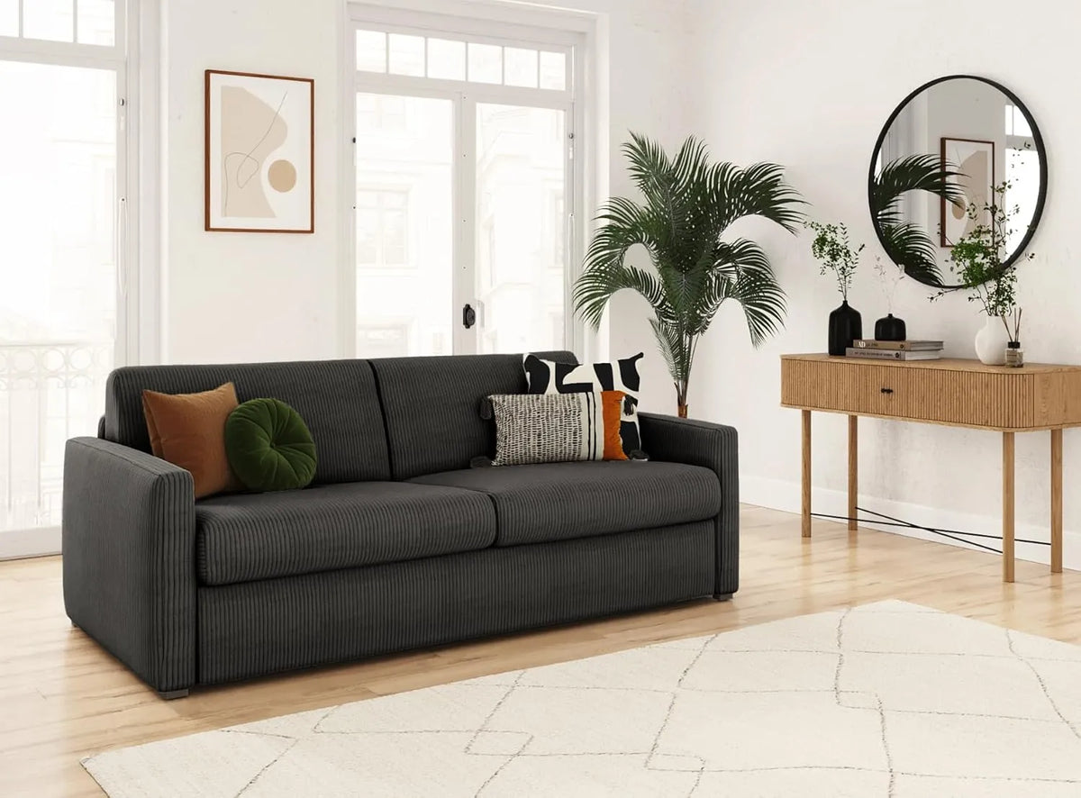 Canapé Convertible 3 Places en Velours Côtelé avec Matelas Intégré Gris Foncé, L198cm - Modèle Agathe