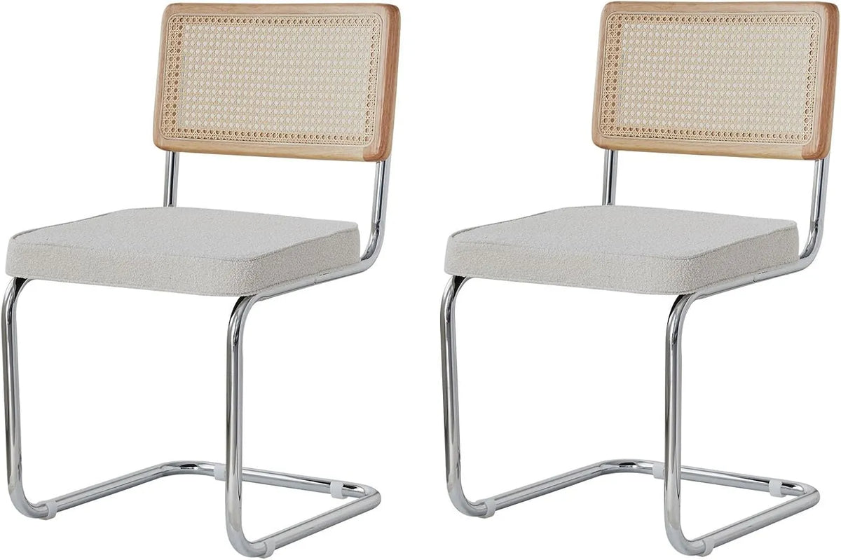 Ensemble de 2 chaises modernes en velours avec pieds chromés et dossier en rotin blanc