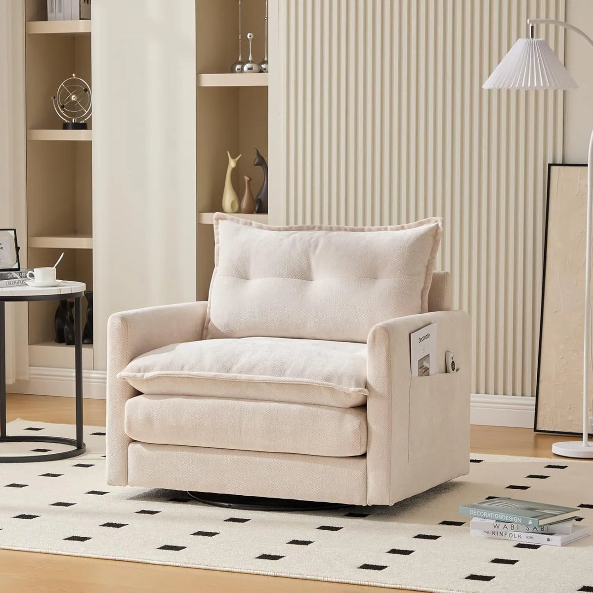 Fauteuil Pivotant 360° en Tissu Beige avec Poche de Rangement