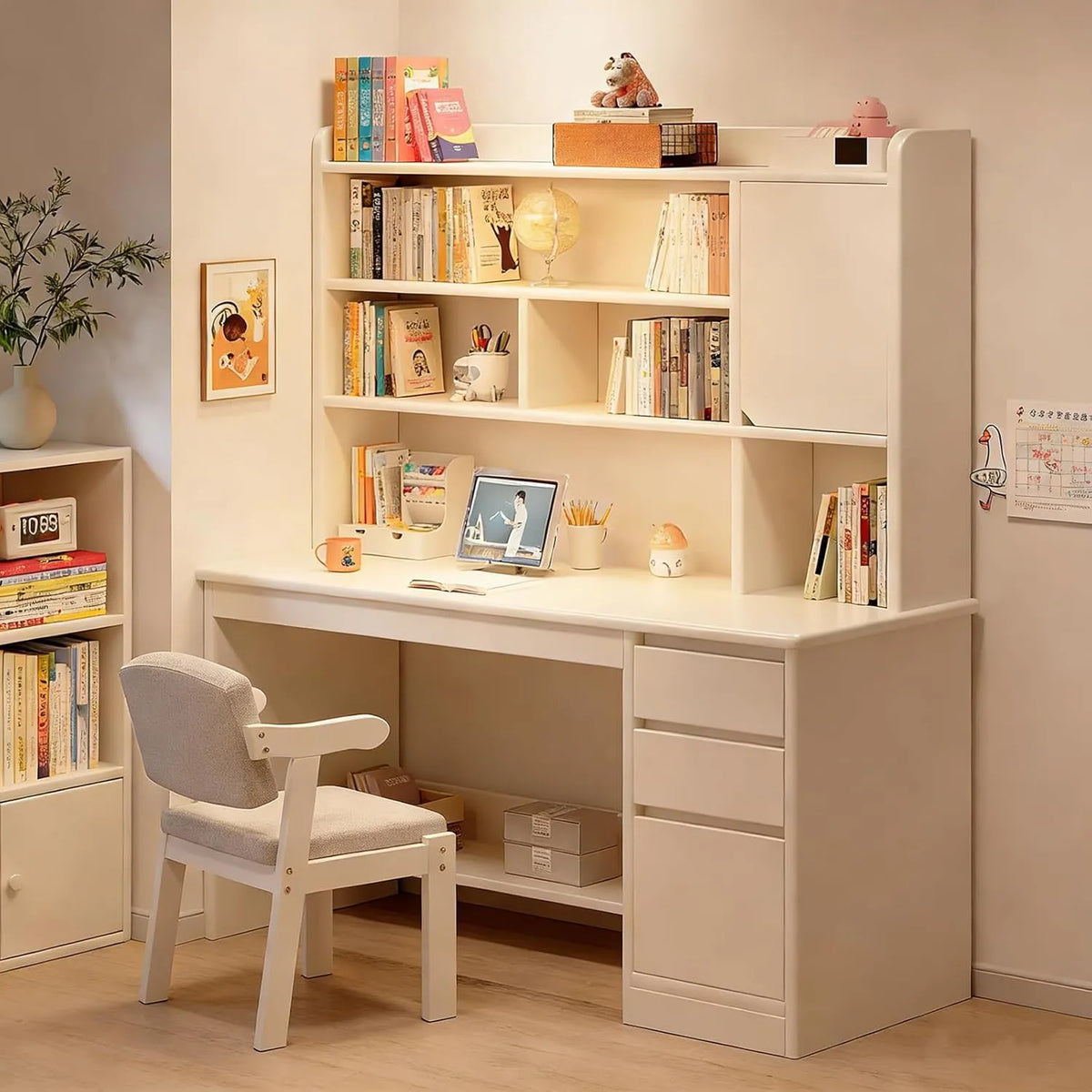 Table de Bureau Moderne avec Étagères et Rangement, 120x45x165cm, Blanc