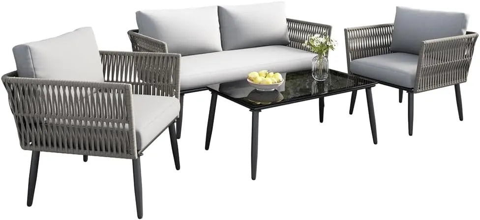 Ensemble de Salon de Jardin avec Canapé 2 Places, 2 Fauteuils, Table Basse en Verre Noir, Coussins Confortables, Corde Tressée en PE Gris