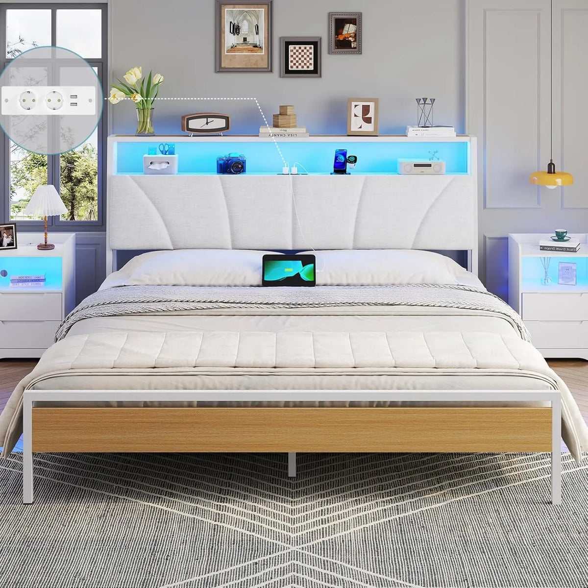 Lit Double 160x200 avec Sommier en Métal et Éclairage LED, Ports USB et Prises AC, Blanc