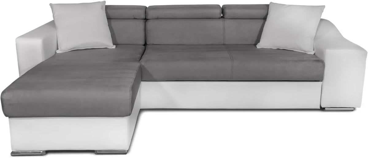Canapé d'angle convertible réversible 3 places en microfibre avec rangement et poufs gris/blanc