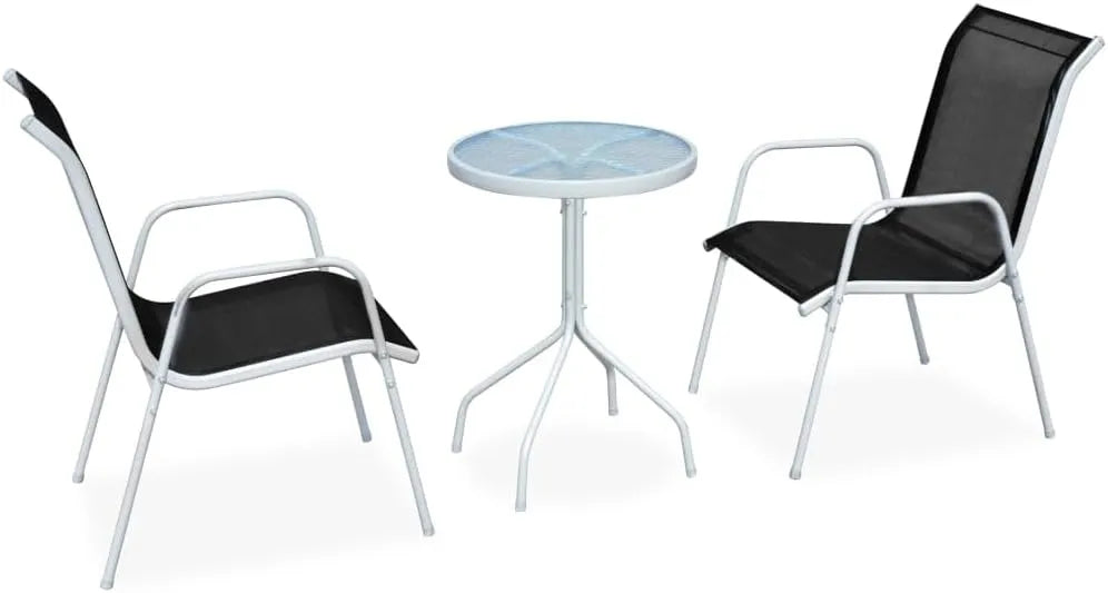 Mobilier de Jardin 3 Pièces en Acier Noir/Gris avec Chaises Empilables et Plateau en Verre pour Extérieur